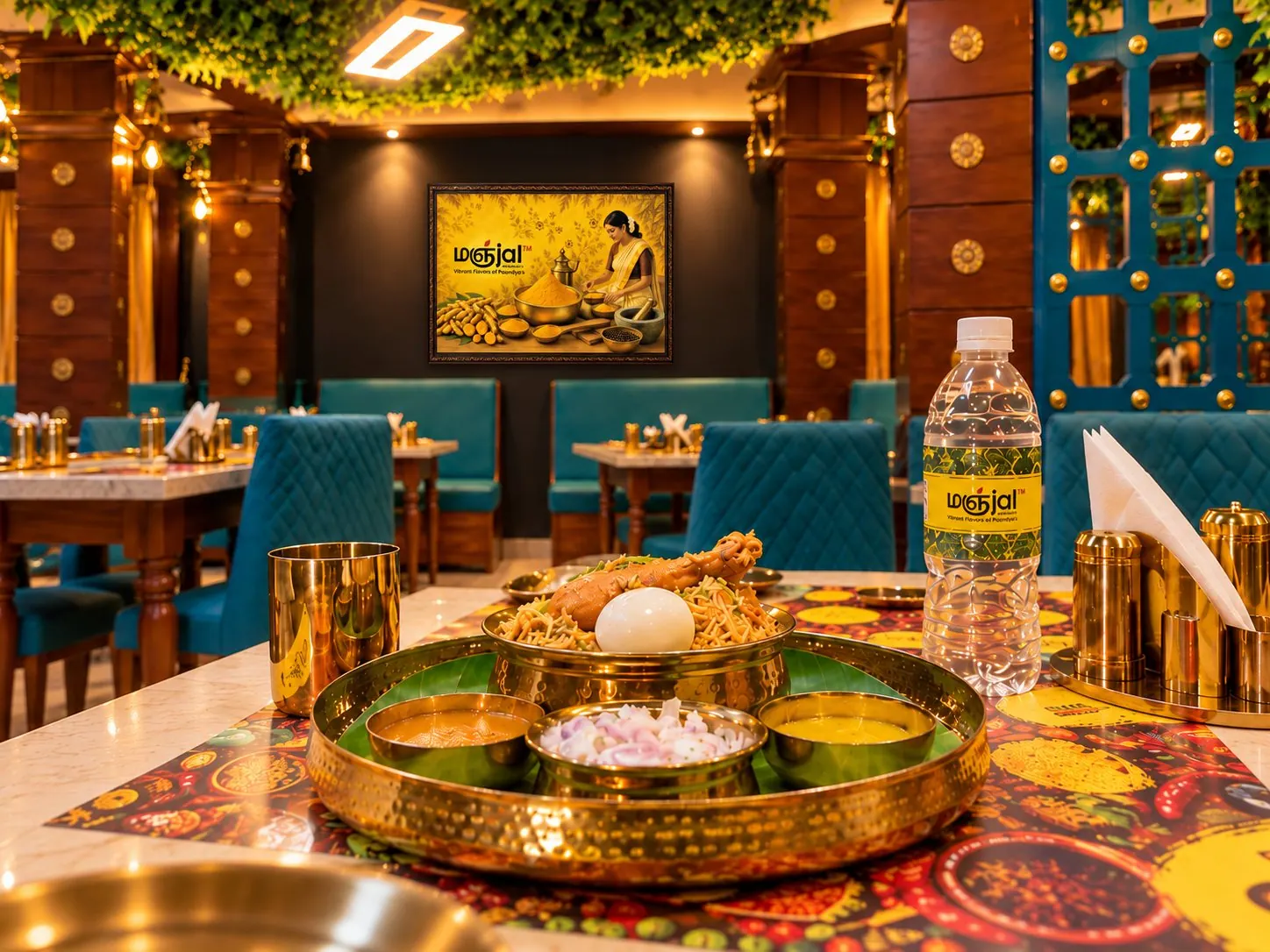 A biryani thali on a brass plate in the Manjal Jaffna dining room with teal seating