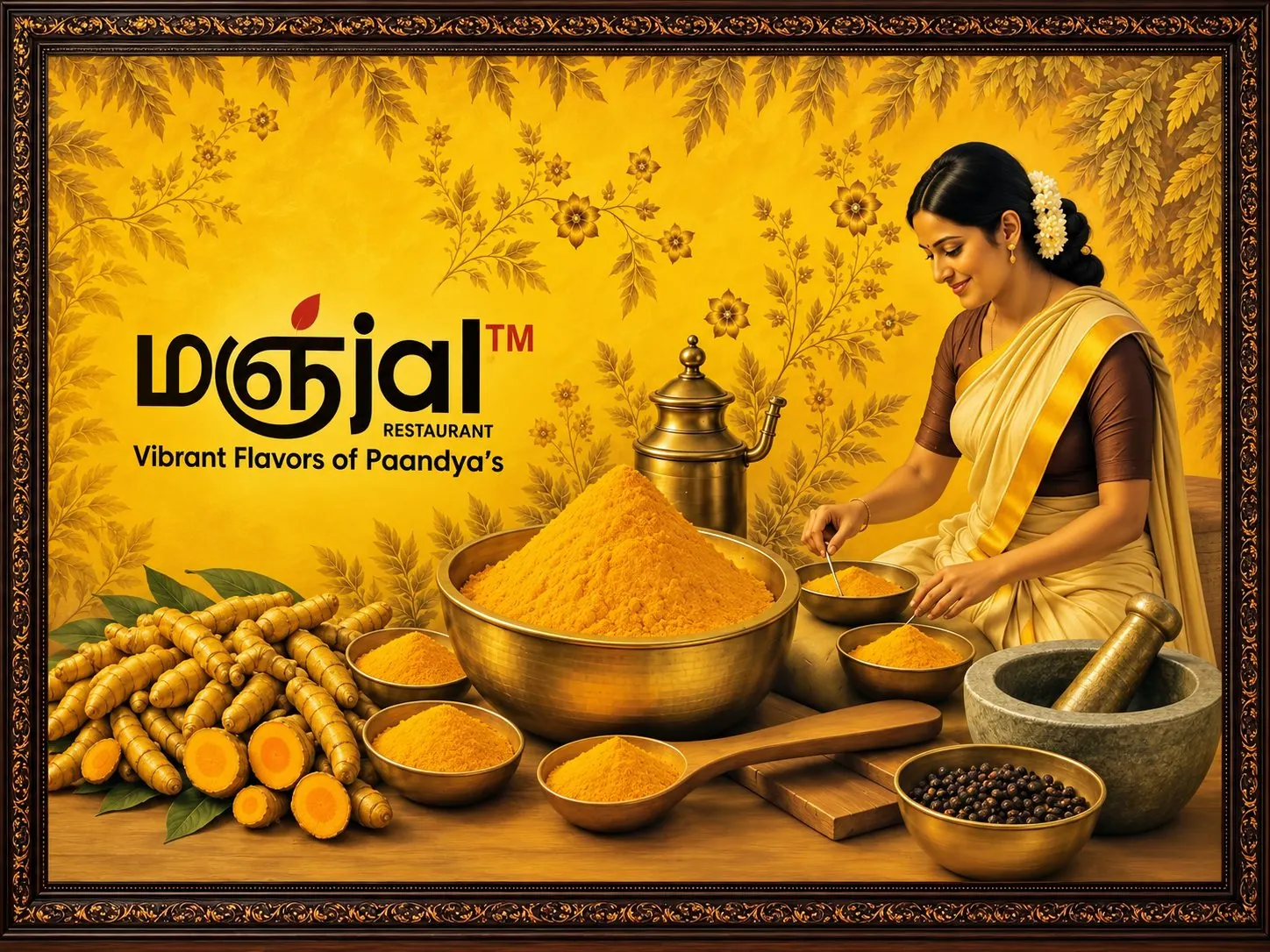 Manjal wall art of a woman preparing fresh turmeric and spices