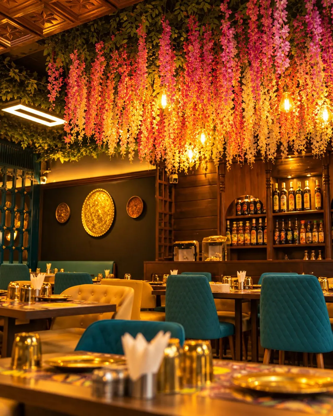 The Manjal Jaffna dining room under hanging flowers and warm lamps