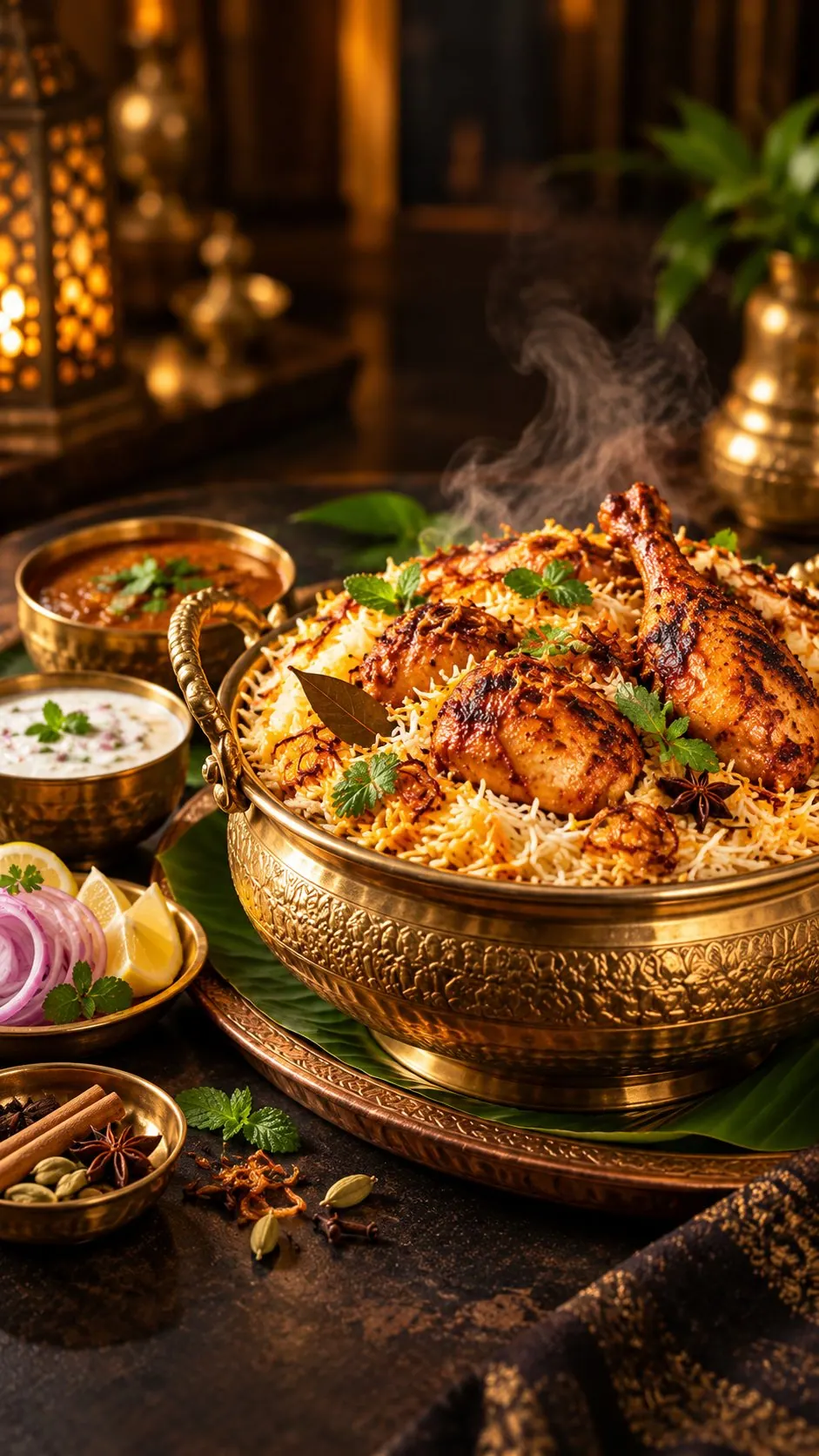 Chicken biryani in an engraved brass pot with raita, onions and whole spices