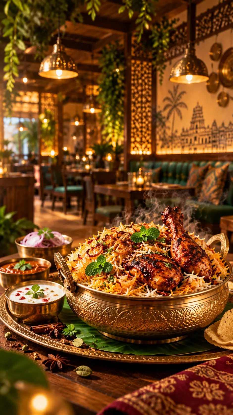 Chicken biryani in a brass pot with raita and sides, inside the warmly lit Manjal Jaffna dining room