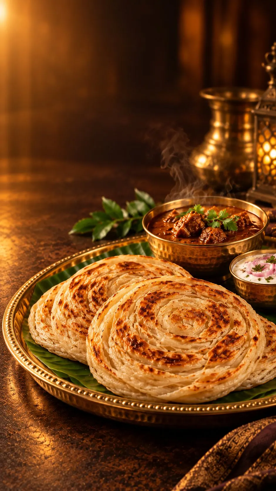Flaky parotta on a banana leaf with mutton curry and raita
