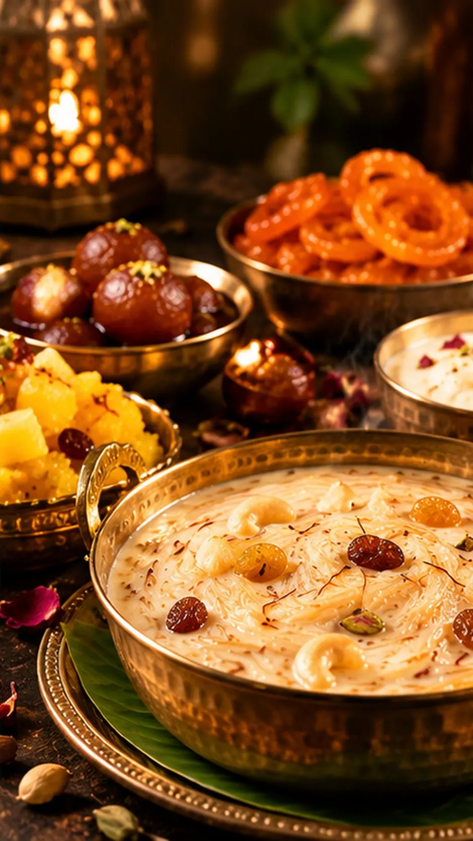 South Indian desserts: semiya payasam, gulab jamun, jalebi and pineapple kesari in brass bowls
