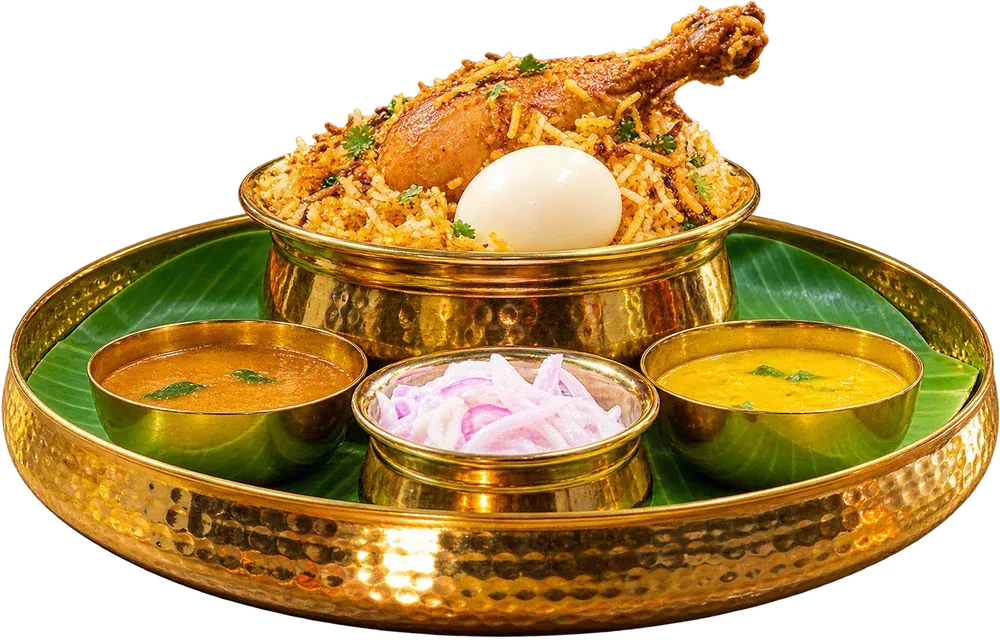 Chicken biryani topped with a chicken leg and boiled egg in a brass pot, on a banana-leaf thali with curries and onions