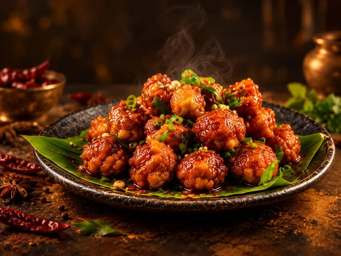 Glossy gobi manchurian with spring onions on a banana leaf