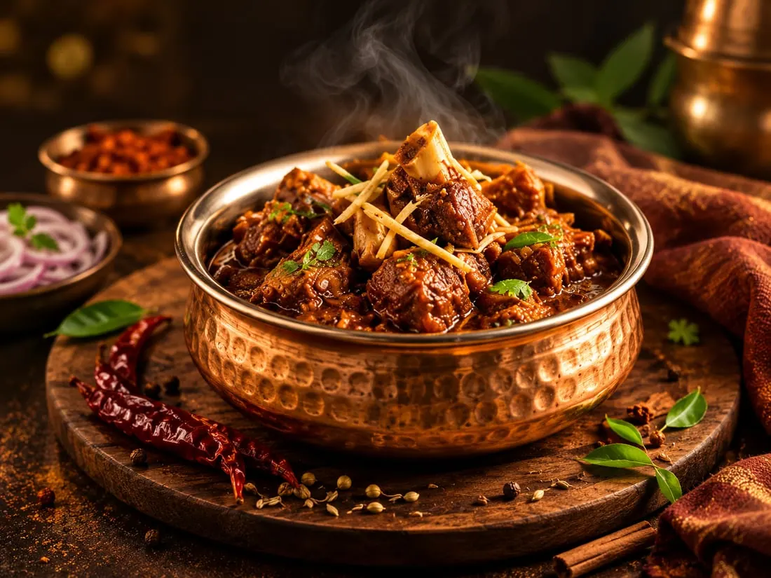 Mutton varuval curry topped with ginger in a hammered copper bowl