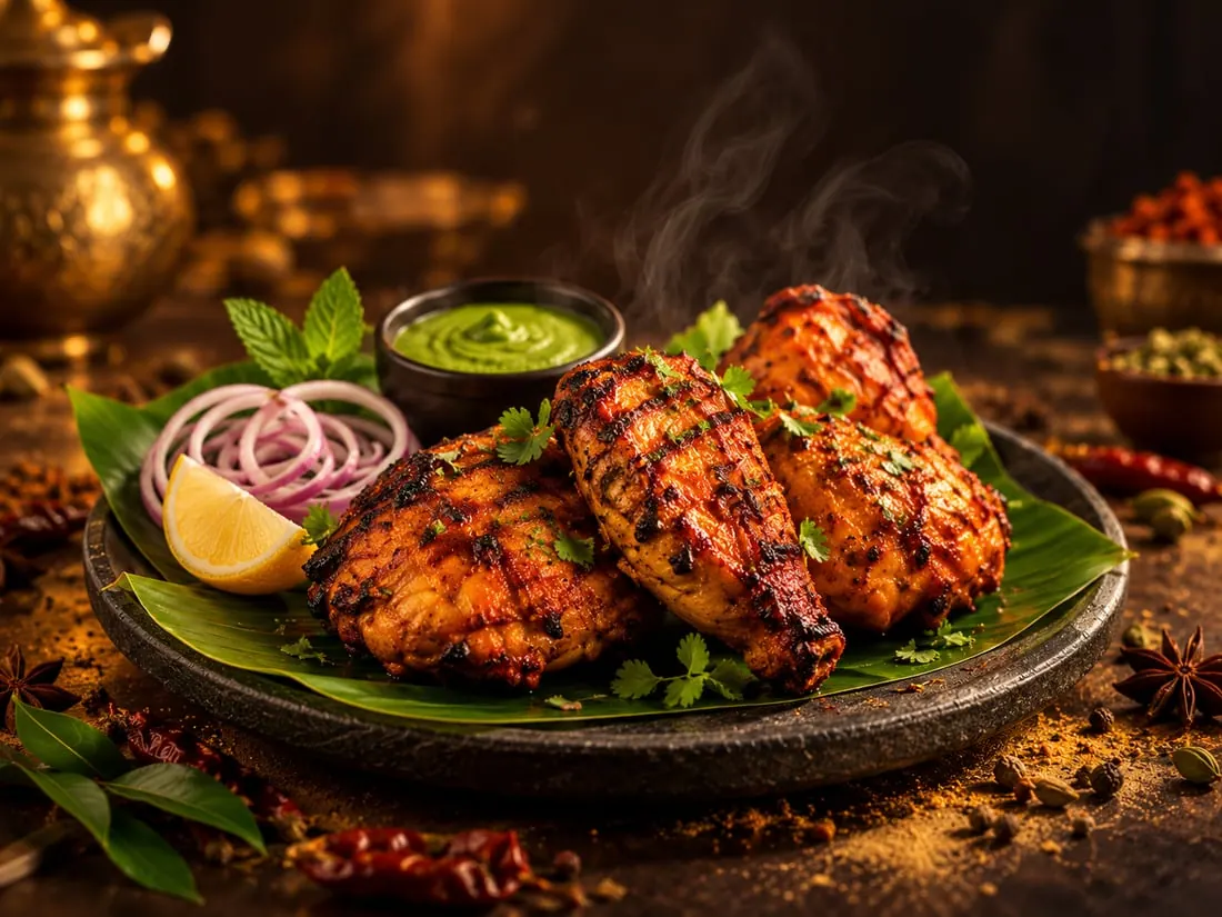 Grilled tandoori chicken on a banana leaf with mint chutney, onion rings and lemon